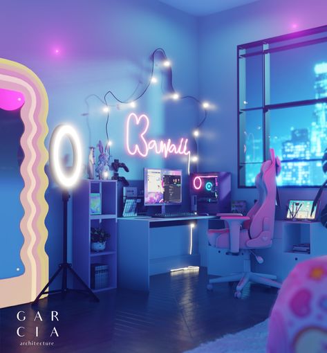 Official Post from Garcia Architecture Neon Aesthetic Room, Bedroom Kawaii, Blender Scenes, Blender Scene, Pink Neon Lights, Gamer Bedroom, Scene Room, Scene Bedroom, Wall String Lights