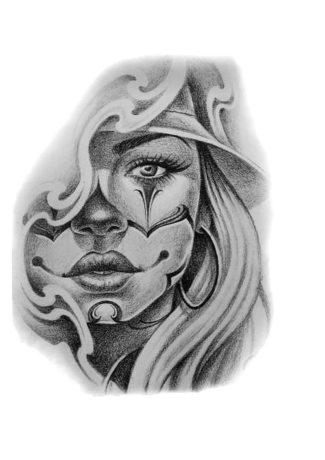 Chicano Woman Tattoo Design, Chicana Tattoo Design, Chola Tattoo Ideas, Face Tattoo Design, Payasa Tattoo, Sacred Geometry Tattoos, Tattoos Owl, Tattoos Feather, Tattoos Lion