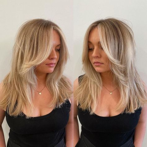 Mid-Shaft Feathered Facial Framing for Blunt Cut Mid Length Blonde Hair, One Length Hair, Textured Haircut, Layered Cut, Modern Haircuts, Haircuts For Medium Hair, Long Layered Hair, Short Blonde Hair, Medium Hair Cuts