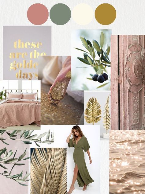 Mood board oliverosegold Rose Gold And Green Office, Rose Gold And Green Bedroom, Pink Green And Gold Office, Mood Board Olive Green, Olive Mood Board, Olive Green And Rose Gold Wedding, Olive Gold Color Palette, Pink Green Gold Color Scheme, House Mood Board Colour Palettes