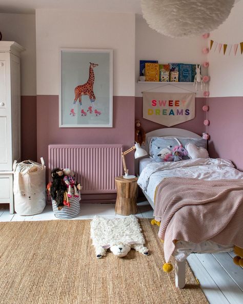 Farrow and ball cinder rose half painted walls children’s room. Cinder Rose Farrow And Ball, Sew Heart, Half Painted Walls, Girls Room Paint, Sheep Rug, Kids Rooms Inspo, Pink Girl Room, Big Girl Bedrooms, Toddler Girl Room