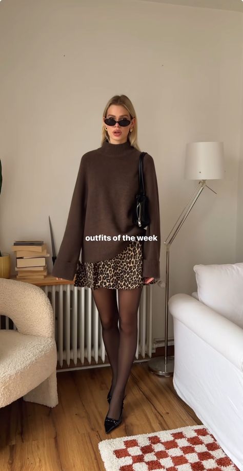 Fall Mini Skirt Outfit Tights Boots, Slip Dress With Tights Outfit, Classy Romantic Aesthetic, Classy Cheetah Print Outfits, Nighttime Fall Outfits, Brown Courdory Outfits, Black Mini Dress Fall Outfit, Leopard Print Mini Skirt Outfit Winter, Sweater Over Mini Dress Outfit