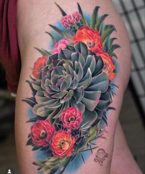 Succulent Mandala Tattoo, Cactus Flowers Tattoo, Western Sleeve Tattoos For Women, Floral Arm Sleeve, Stomach Tats, Tattoo Therapy, Succulent Tattoo, Tropical Tattoo, Thigh Tat