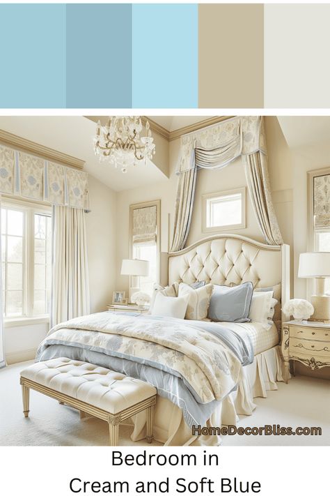 Luxurious Traditional Bedroom: Cream & Soft Blue Color Scheme Cream And Blue Bedroom, Blue And Cream Bedroom Ideas, Bridgerton Bedroom, Soft Blue Color Palette, French Blue Bedroom, Ornate Chandelier, Blue And Cream Bedroom, Cream Bedroom Ideas, Bedroom Cream