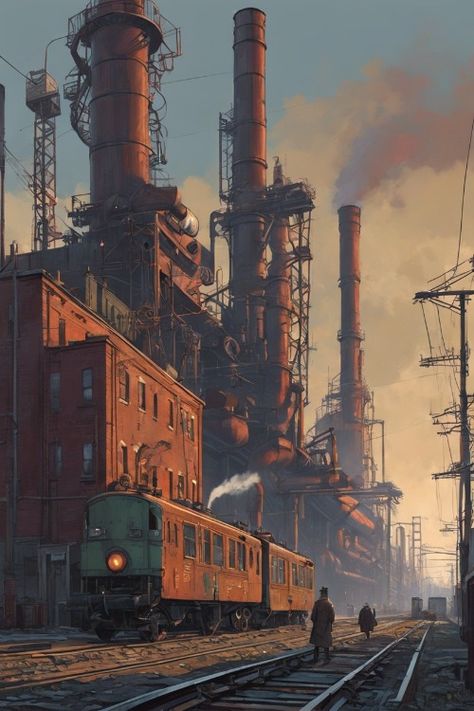 Industrial Revolution Cityscape Check more: https://paintlyx.com/industrial-revolution-cityscape/ Industrial Age, Revolution Aesthetic, Dieselpunk Aesthetic, Industrial City, Factory Aesthetic, Industrial Revolution Drawing, Industrial Revolution Aesthetic, Steam Punk Factory, Industrial Revolution Poster