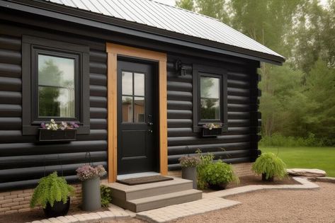 Premium Photo | Log cabin with black metal exterior door white trim and window Black Metal Siding, Dark Cabin, White Window Trim, Metal Doors Exterior, Wooded Landscaping, Cabin Doors, Door White, Metal Siding, Business Card Maker