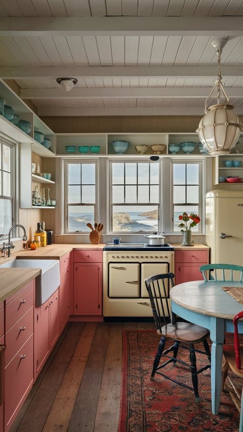 Cottage Vintage Kitchen, 1950s Inspired Kitchen, Coastal Kitchen Ideas Seaside, Vintage Pastel Kitchen, Vintage Coastal Aesthetic, Retro Kitchen Ideas Vintage, 1940 Kitchen, Coral Cottage, 1940 House