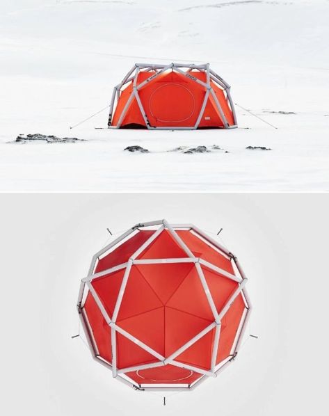 Based on emergency shelters in Iceland, the Cave XL camping tent gets strength from its geodesic dome construction with ten intersecting points and the use of weatherproof materials. Benjamin has played an important role in development of the tent as he is an old user of 66 North’s garments. Tree House Concept, Dome Construction, Emergency Shelters, Rv Home, House Concept, Rv Homes, Camping Gadgets, Emergency Shelter, Camping Tents