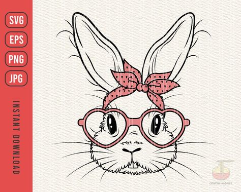 Bunny Glasses, Bunny With Glasses, Bandana Svg, Blowing Bubble Gum, Cute Bunny Rabbit, Bandana Bow, Heart Glasses, Bunny Face, Bunny Art