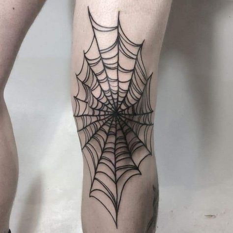 Spider Knee Cap Tattoo, Spider Wed Tattoos On Knee, Line Work Bat Tattoo, Knee Cobweb Tattoo, Large Knee Tattoo, Cobweb Knee Tattoo, Dark Masculine Tattoos, Cobweb Elbow Tattoo, Knee Spider Web Tattoo