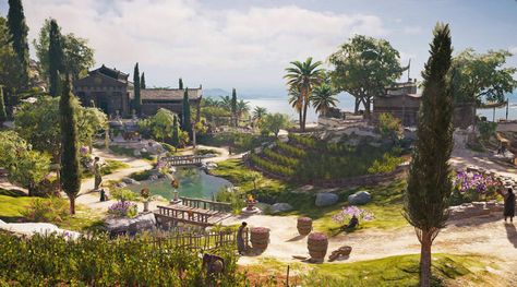 Assassins Creed Odyssey Landscape, Farming Village Concept Art, Ac Odyssey Concept Art, Island Village Concept Art, Assassin Creed Odyssey, Kotlc Fanfic, Odyssey Art, Farming Village, Assassin's Creed Odyssey