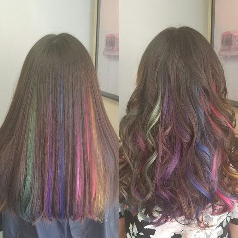 Rainbow hair. Peak a boo highlights. Brunette Rainbow Highlights, Brunette With Rainbow Highlights, Dark Hair With Rainbow Highlights, Creative Color Placement Hair, Rainbow Peak A Boo Highlights, Brown Hair With Streaks Of Color, Hair Peak A Boo, Peak A Boo Highlights Brunettes, Peek A Boo Highlights On Dark Hair