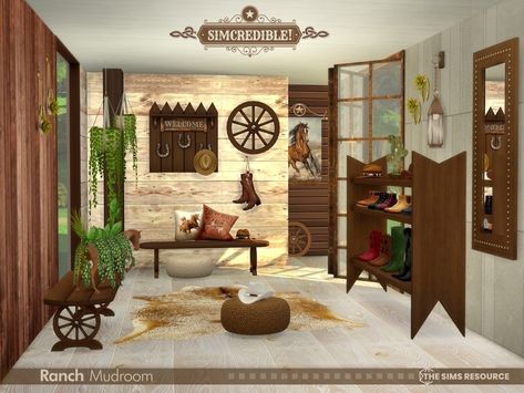 The Sims Resource - Mudroom Part2 (Patreon) Sims 4 Cc Western Furniture, Sims 4 Farmhouse, Style Hallway, Ranch Boots, Ranch Decor, Western Furniture, Farmhouse Interior, Sims 4 Cc, The Sims Resource