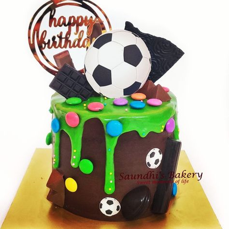 Eggless chocolate truffle cake with football theme cake Chocolate Soccer Cake, Football Theme Cake, Football Cake Decorations, Cake Football, Football Themed Cakes, Chocolate Footballs, Football Birthday Cake, 9th Birthday Cake, Truffle Cake