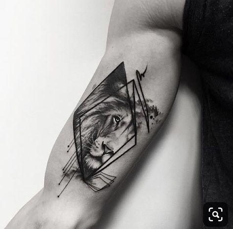 Tattoos Representing Strength, Inside Bicep Tattoo, Geometric Lion Tattoo, Lion Head Tattoos, Leo Tattoos, Lion Tattoo Design, Bicep Tattoo, Arrow Tattoos, Head Tattoos