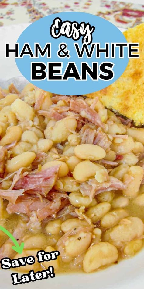 Slow Cooker Ham & White Beans – our favorite way to use our leftover holiday ham! Only 3 ingredients – ham, onion, and dried great northern beans. Cover with water and cook. Serve with some homemade cornbread. Comfort food at its best! #southern #crockpot #leftoverham #slowcooker #hambone This is the last recipe from our Christmas ham. I always look forward to finishing off the ham with a nice big bowl of white beans and a slice of cornbread. This recipe is super simple. It uses a pound of dried beans and simmers all day in the crockpot with a big Ham N Beans Recipe, Ham And White Beans Crock Pot, Homemade Bean Soup Ham Bone, Ham Beans And Cornbread, Southern Ham And Beans Crockpot Recipes, Ham N Beans Crockpot, White Beans And Ham Stovetop, Ham And Beans Crockpot Recipes Easy, Ham And Beans With Canned Beans