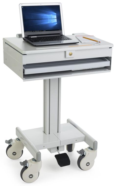 Constructed from durable MDF, plastic, and steel, this medical laptop cart is the perfect workstation for any busy working environment. Includes lockable casters to make your hospital rounds more efficient so that you can quickly assist your patients. Healthcare Essentials, Vet Accessories, Mobile Standing Desk, Medical Cart, Computer Cart, Medical Furniture, Height Adjustable Workstation, Medication Storage, Computer Workstation