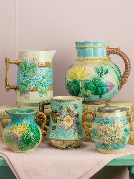 The Magic Of Majolica | P.O.S.H. Colorful Pottery, Majolica Pottery, Fish Plate, Antique Pottery, China Blue, Old World Style, Glazes For Pottery, Red Green Yellow, Vintage Pottery