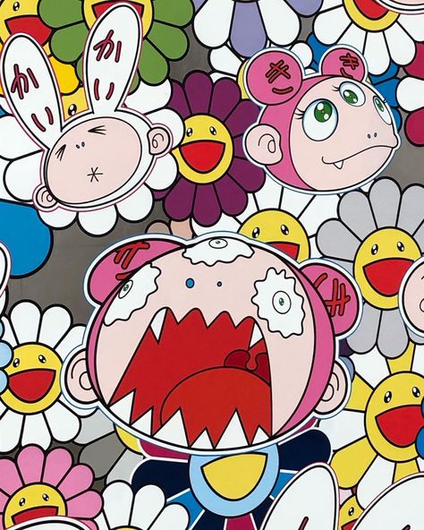 Takeshi Murakami Art, Takashi Murakami Room Decor, Takashi Murakami Art Paintings, Y2k Wallpaper Sanrio, Murakami Tattoo, Sanrio Wallpaper Iphone, Superflat Art, Takashi Murakami Prints, Phone Transformation