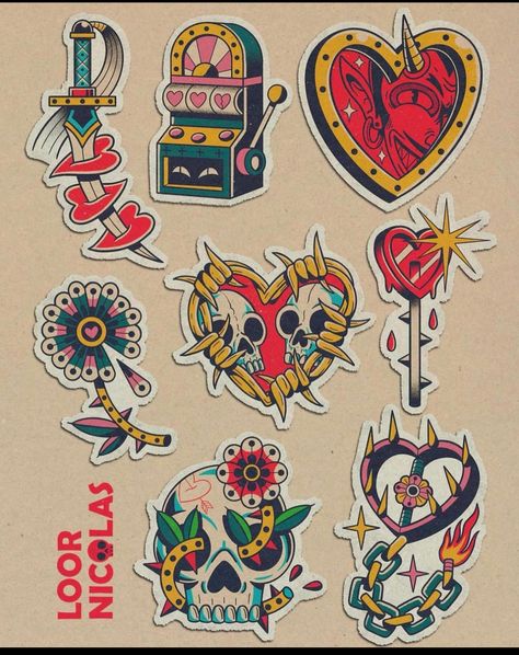 Unique Old School Tattoo, Classic American Traditional Tattoo, Traditional Tattoo Family, Colorful Traditional Tattoo, Old School Color Tattoo, Love Traditional Tattoo, Traditional Tattoo Love, Vintage Flash Tattoo, Traditional Tattoo Halloween