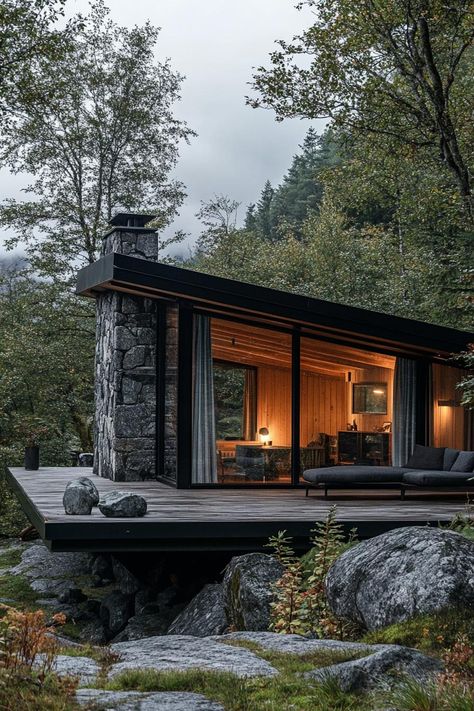 Vintage Modern Cabin, Cottages And Cabins, Modern Stone Cabin, Mid Century Cabin Exterior, Mid Century Modern House Outside, Mid Century Mountain Home, Brutalist Cabin, Minimalistic Cabin, Small Weekend House