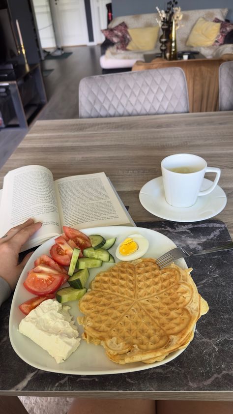 Eating a Norwegian waffle breakfast and reading a book Norwegian Breakfast, My Brilliant Friend, Food Reference, Breakfast Waffles, At Family, God Mat, Europe Summer, Waffle Iron, Morning Breakfast