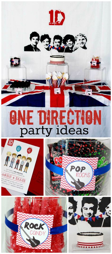 A One Direction birthday party for a boy and a girl with fun rockstar food ideas and decorations! See more party planning ideas at CatchMyParty.com! 1d Birthday Party Ideas, One Direction Party Decorations, One Direction Birthday Party Ideas, One Direction Themed Party, One Direction Birthday Party, 1d Birthday, One Direction Party, One Direction Birthday, Sibling Birthday Parties