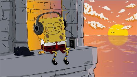 Spongebob Listening To Music, Spongebob Happy, Swag Poster, Listening To Music Aesthetic, Lo Fi Music, Playlist Covers Photos, Music Cartoon, Anime Smile, Music Happy