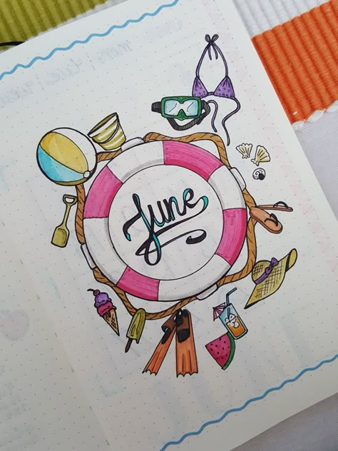 June theme 2018 - summer. Month intro. Doodles Summer, Doodles Ideas, Holiday Homework, Summer Journal, Journal 2024, Bujo Doodles, Bullet Planner, Journal Inspo, Summer Theme