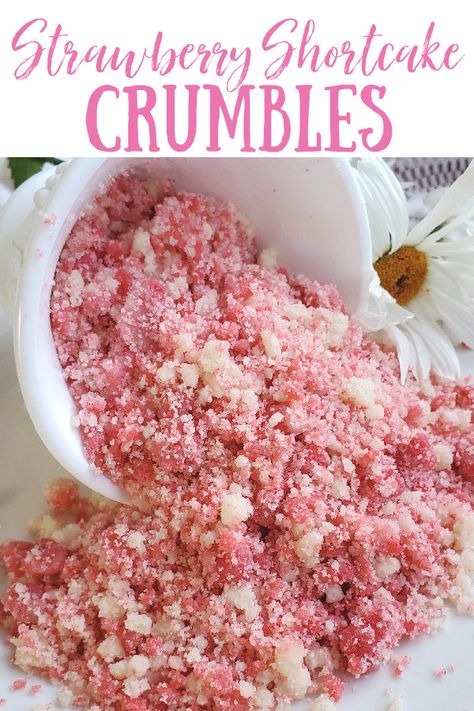 Strawberry Shortcake Crumbles deliver a pretty-in-pink punch of intense strawberry flavor and vanilla crumbles perfect for pies, cupcakes, and basically everything. This recipe as NO pudding mix for the vanilla portion, but does have jello for the ultra pink strawberry. How To Make Strawberry Crumble Topping, Strawberry Crunch With Jello, Diy Strawberry Crunch, Best Bakesale Ideas, Strawberry Shortcake Covered Strawberries, Strawberry Shortcake Crumble Recipe, Strawberry Shortcake Waffles, Strawberry Shortcake Filling Recipe, Strawberry Crunch Chocolate Covered Strawberries