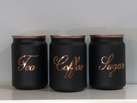 Tea Coffee Sugar Kitchen Storage Canister Set Of 3 Black Coffee Tea Sugar Rose Gold Canister https://etsy.me/2FRlD4b Black And Copper Kitchen, Black Kitchen Accessories, Tea And Coffee Canisters, Assiette Design, Gold Kitchen Accessories, Tea Coffee Sugar Canisters, Rose Gold Kitchen, Kitchen Storage Canisters, Copper And Grey