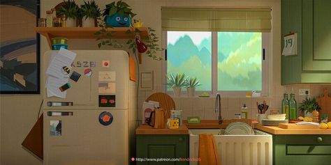 ArtStation - Just an Ordinary Day, Kendrick See Interior Concept Art, Kitchen Background, Kitchen Scene, Bg Design, Kitchen Concepts, Portfolio Inspiration, Ordinary Day, Interior Concept, Cartoon Background