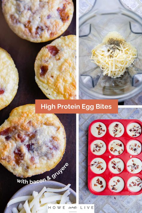 Start your busy mornings right with Bacon Egg Bites – high in protein, bursting with flavor, and made with just 5 simple ingredients! These delectable bites are a smart and healthy breakfast choice, offering a light and fluffy texture that's a game-changer for hectic mornings. This revamped recipe takes my fool-proof egg white bites to new heights, with a gruyere cheese mix and a touch of savory bacon. This Starbucks-inspired creation is affordable, easy to make, and irresistibly fluffy. Ham And Cheese Egg White Bites, Protein Egg Bites, Bacon Egg Bites, Muffin Pan Eggs, Egg White Bites, Oatmeal And Eggs, Savory Bacon, Healthy Breakfast Choices, Easy High Protein Meals