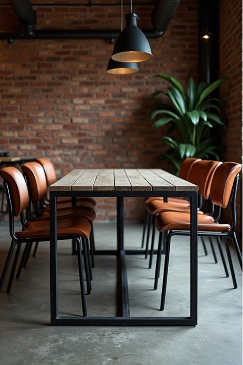 Industrial-chic dining room with metal-framed table and exposed brick wall Urban Dining Room, Contemporary Dining Room Decor, Industrial Chic Design, Sleek Furniture, Monochromatic Color Scheme, Accessory Ideas, Urban Loft, Contemporary Dining Room, Chic Aesthetic