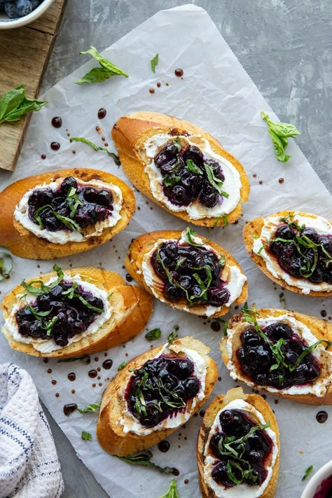 Blueberry Basil Bruschetta, Ricotta Bruschetta Recipe, Ricotta Appetizer Recipes, Blueberry Bruschetta, Roasted Blueberries, Ricotta Appetizer, Ricotta Bruschetta, Blueberry Ricotta, Whipped Goat Cheese