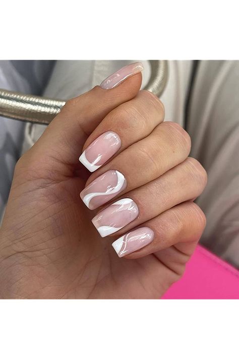 SINHOT Short Press on Nails Square Fake Nails Squoval French Acrylic Nails White Glossy Glue on Nails 24 pcs False Nails with White Line Designs Teen Nail Art, Squoval Acrylic Nails, Nails June, Fake Acrylic Nails, June Nails, Fake Nails White, Fake Nails Long, Nails 2022, French Acrylic Nails