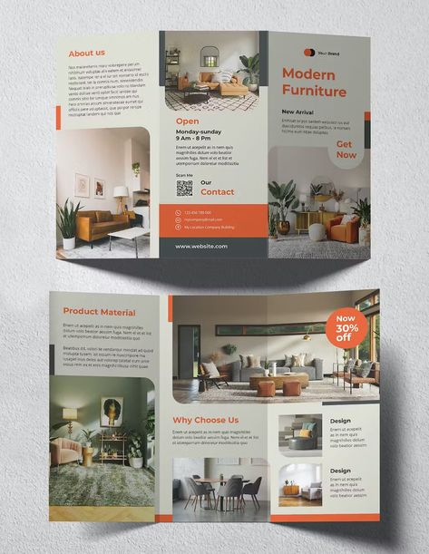 Furniture Trifold Brochure Template INDD. A4 and US Letter Size Broshor Design Layout, Three Fold Brochure Design, 4 Fold Brochure Design, Trifold Brochure Design Creative, Furniture Brochure Design, Folder Design Layout, Interior Design Brochure, Travel Brochure Design, Interior Brochures