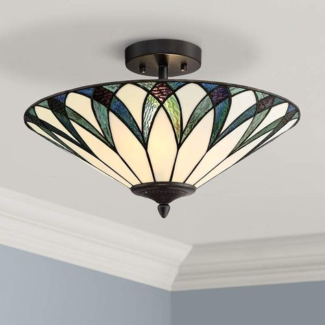 Filton 18" Wide Blue Tiffany Style Ceiling Light - #68D13 | Lamps Plus Tiffany Style Ceiling Lights, Blue Green Art, Rustic Ceiling Lights, Tiffany Style Lighting, Tiffany Ceiling Lights, Rustic Ceiling, Tiffany Art, Flushmount Ceiling Lights, Metal Canopy