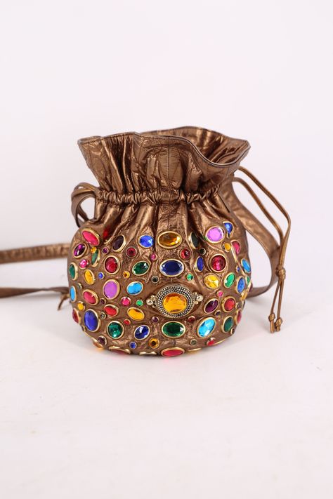 80s JEWELED bronze leather bucket bag / vintage 1980s big gem rhinestone drawstring shoulder bag purse 80s Bags Vintage, Boho Leather Bags, Drawstring Shoulder Bag, Jeweled Bag, Vintage Designer Bags, Leather Jewels, Potli Bags, Unique Purses, Colorful Bags