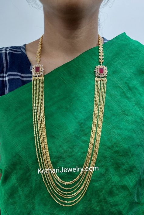 22kt Gold Long CZ Chandraharam Steps Golusu Gold, Gold Chandraharam Designs Latest, Chains Models Gold, Simple Long Chains Indian Gold, Chandrahaaram Designs, Swathi Haram Designs Gold, Steps Chain Models, Chandraharam Designs Indian Jewelry, Steps Haram Designs Gold