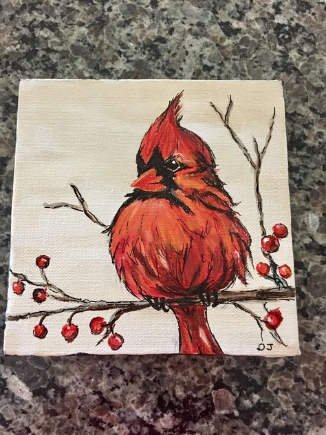 Cardinal Acrylic painting on red berry branch. Painted Birds Acrylic Easy, Cardinal Paintings On Canvas, Red Birds Painting, Drawings Of Cardinals, Cardinal Painting Acrylic Easy, Rustic Acrylic Painting Ideas, Simple Cardinal Painting, Easy Cardinal Painting, Birds Painting Acrylic Canvases