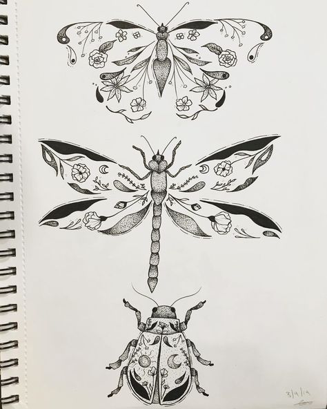 Georgie Wilman on Instagram: “Floral buggies as inspired by the ever talented @ladyhans (last slide)🦋🐞 • #art #drawing #illustration #tattoo #tattoodesign #blackwork…” Linework Butterfly, Dragonfly Drawing, Tattoo Apprenticeship, Bug Tattoo, Illustration Tattoo, Chest Tattoo Men, Tattoo Apprentice, Dragonfly Tattoo, Dot Work Tattoo