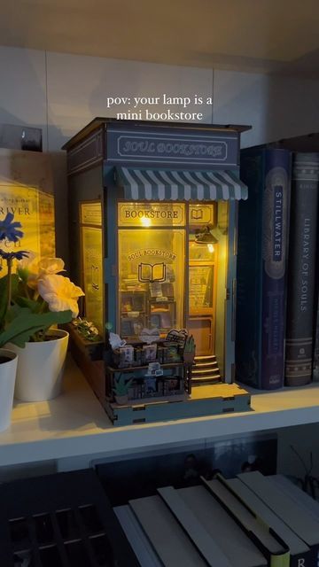 Nook’s Adventure on Instagram: "Link in our bio ✨A mini DIY bookstore lamp right in the comfort of your room 🪴💡• • • • #booknookstagram #booksbooksbooks #bookish #reels #diy #diycrafts #mini #bookstore #library #foryou #cozyhome #lamp" Book Nook Inspiration, Book Nook Ideas Diy, Miniature Gift Ideas, Library Booknook, Mini Bookstore, Rh Dorm, Dollhouse Library, Cozy Home Library, Library Lamp