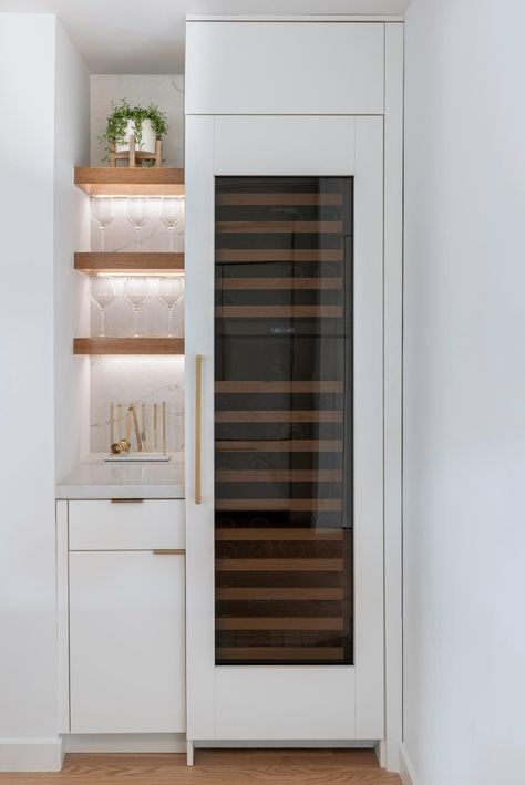 Mid-Century Modern Design Ideas Inspired The Interior Renovation Of This Home Kitchen Wine Fridge, Wine Fridge Cabinet, Matte Black Kitchen Sink, Fridge Design, Modern Powder Rooms, Baldwin Hills, Modern Design Ideas, White Vessel Sink, Matte Black Kitchen