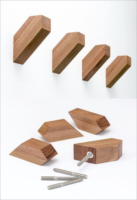 These geometric wood wall hooks are made from European Walnut and have a simple and understated design. Ideas For Hanging Pictures, Pictures On Wall, Wooden Coat Hooks, Modern Wall Hooks, Wood Furniture Plans, Wooden Wall Hooks, Light Colored Wood, Regal Design, Small Woodworking Projects