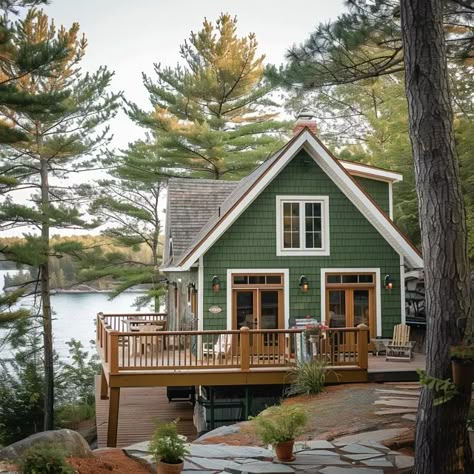 Image Canadian Cottage Decor, 70s Mountain House, Lake Cabin Exterior Small Cottages, Small Cottage Home Exterior, Mountain Style Home Exterior, Small Cabin In Woods, Coastal Maine Homes, Lake Cabin Exterior Colors, Nature House Exterior