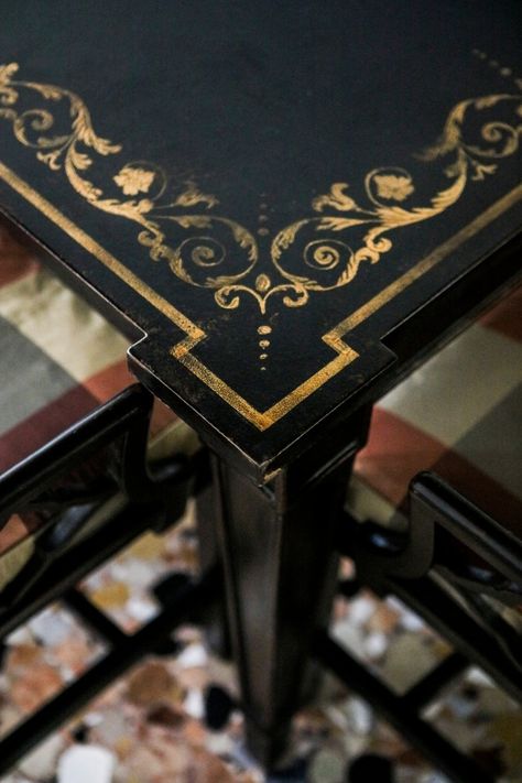 Beautiful hand-painted dining Table. 
Bespoke on request.
Click the pic to buy. Any color. Worldwide shipping service available. Black Painted Dining Table, Hand Painted Dining Table, Black With Gold Trim Furniture, Black And Gold Wooden Dining Table, Black And Gold Distressed Furniture, Black Laquer Painted Furniture, Potion Shop, Black Baroque Dining Table, Painted Table Tops