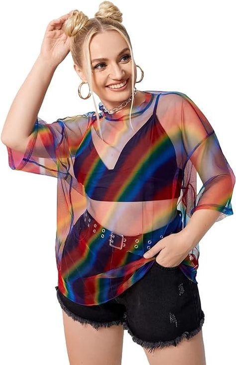 Pride Outfit Ideas, Plus Size Skater Dress, Harry Styles Outfit, Sheer Mesh Top, Outfits 70s, Tie Dye Blouse, Rainbow Outfit, Mesh Blouse, Pride Outfit