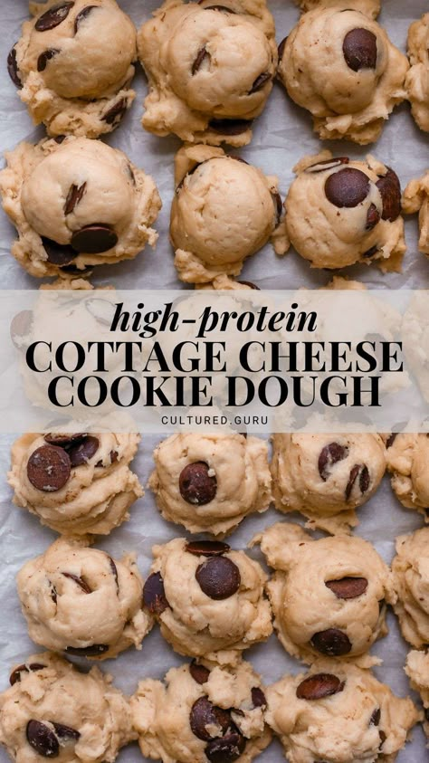 Cottage cheese protein cookie dough is the high-protein sweet snack you've been looking for! These cottage cheese cookie dough bites are safe to eat raw and taste just like the cookie dough pieces in ice cream. #cottage #cheese #cookie #dough High Protein Breakfast Bariatric, While Food Snacks, High Protein Cottage Cheese Chocolate Chip Cookies, Cookie Dough Cottage Cheese Ice Cream, Cottage Cookie Dough, High Protein Cottage Cheese Cookie Dough, Keto Cottage Cheese Cookie Dough, High Protein Snacks With Cottage Cheese, Cottage Cheese Protein Balls