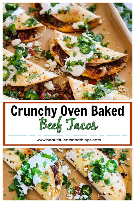 Baked Beef Tacos, Oven Baked Tacos, Baked Tacos, Baked Tacos Recipe, Tacos Mexicanos, Baked Steak, Crispy Beef, Crispy Tacos, Satisfying Eats